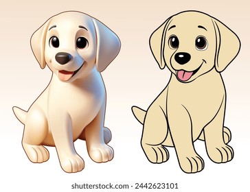 Labrador Retriever Cartoon lächelnder 3D Vektor und 2D-Stil Charakter sitzend isoliert