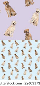 Labrador retriever dog holiday wallpaper. Pets square background, repeatable pattern, print tiles. Seamless pattern with dogs in sitting pose. Yellow and chocolate smiling lab on a pastel background.