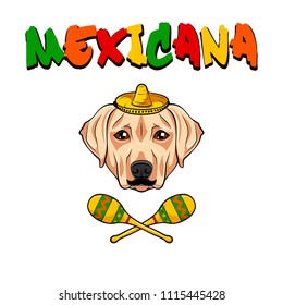 Labrador retriever dog. Maracas, Sombrero, Mustache. Mexico symbols. Vector illustration.