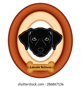 Labrador Retriever Dog Portrait, cherry wood frame with mat, dog bone treat tag, isolated on white background. EPS8 compatible.