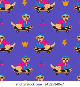 Labrador retriever dog skateboard seamless pattern in 90s style. Y2k pet fashion background. Cool puppy skater in sunglasses skate crown cherry lightning. Vintage vector illustration