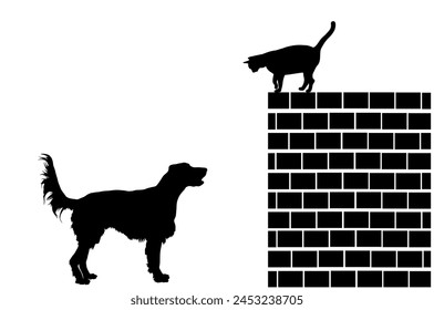 Labrador retriever dog stalks the cat on brick wall vector silhouette illustration isolated on white. Dog barks and wont to catch cat, but he cant reach her because of height. Outdoor pet fun game.