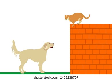 Labrador retriever dog stalks the cat on brick wall vector illustration isolated on white. Dog barks and wont to catch cat, but he cant reach her because of height. Outdoor pet fun game urban backyard