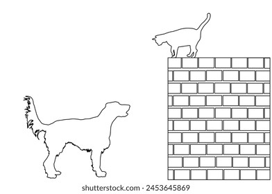 Labrador retriever dog stalks the cat on brick wall vector line contour silhouette illustration isolated. Dog barks wont to catch cat, but he cant reach her because of height. Outdoor pet fun game.