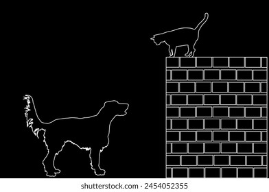 Labrador retriever dog stalks the cat on brick wall vector line contour silhouette illustration isolated. Dog barks wont to catch cat, but he cant reach her because of height. Outdoor pet fun game.