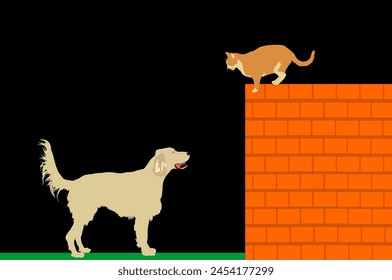 Labrador retriever dog stalks the cat on brick wall vector illustration isolated. Dog barks and wont to catch cat, but he cant reach her because of height. Night outdoor pet fun game urban backyard