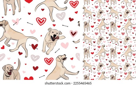 Labrador retriever dog Valentine's day heart wallpaper. Love doodles hearts with pets holiday texture. square background, repeatable pattern. St Valentine's day wallpaper, valentine romantic present.