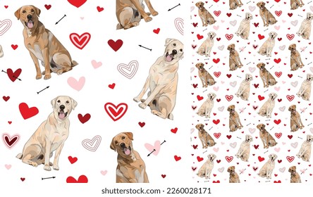 Labrador retriever dog Valentine's day bright red heart wallpaper. Love doodles hearts holiday square background, repeatable pattern. St Valentine's day wallpaper, valentine's present, print tiles.