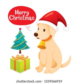 Labrador Retriever Dog Wearing Christmas Hat With Gift Box And Tree Wish Merry Christmas, New Year, Xmas, Animals, Festive, Celebrations, Holiday