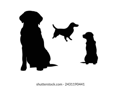 Labrador retriever dogs in different poses and coat colors. Adult and puppy dogs. Vector illustration
