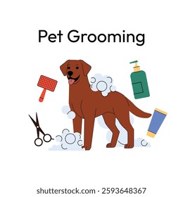 Labrador Retriever during grooming. A cheerful brown Labrador covered in soap bubbles, surrounded by grooming tools like shampoo, scissors, and a brush. Perfect for pet care services.