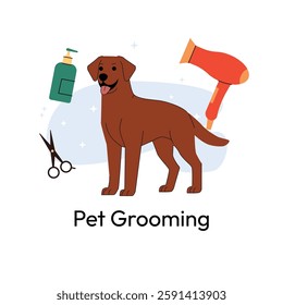 Labrador Retriever grooming. A happy brown Labrador stands surrounded by grooming tools like scissors, shampoo, and a hairdryer. Clean and modern design, perfect for pet salons. Vector illustration