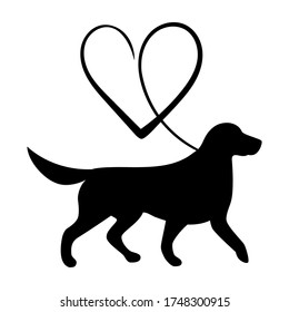Labrador Retriever and heart silhouette. Love and dog concept. Dog running in side view. Vector illustration isolated on white background