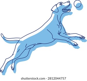 A Labrador Retriever jumping to catch a ball; a line-sketch illustration with blue shading
