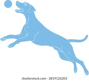 A Labrador Retriever jumping to catch a ball; blue silhouette illustration with line art	