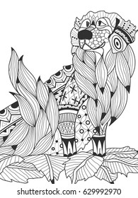 Labrador Retriever in the leaves coloring book for adults vector illustration. Anti-stress coloring for adult dog. Zentangle style nature pet. Black and white lines symbol guard. Lace pattern friend.