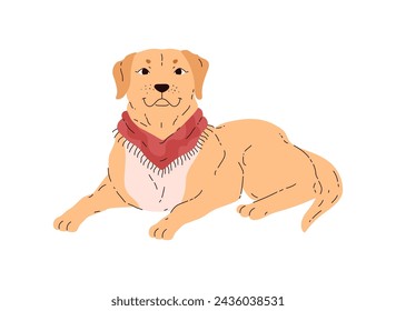 Labrador retriever lies vector illustration. Cute friendly pet with beige and white wool. Cartoon dog with red neckerchief collar. Domestic canine purebred animal portrait isolated