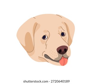 Labrador retriever looking aside. Cute pedigree, canine animal breed, dog face, head avatar. Lab doggy, adorable puppy muzzle with tongue out. Flat vector illustration isolated on white background