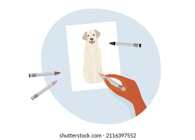 . Labrador retriever on picture. Human hand holding pencil and drawing. Creative person Table. Colored flat Vector illustration isolated on white background.
