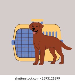 Labrador Retriever with a pet carrier. A happy brown Labrador stands next to a travel crate, ready for transport. Clean and modern design, ideal for pet travel and transportation services. Vector