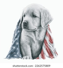 Labrador Retriever Puppy Wearing American Flag Vector Illustration Tshirt Design Logo Icon Greeting Card