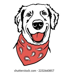 Labrador Retriever in a red bandana. Dog portrait, muzzle. Puppy. Silhouette. Line art. Sample. Close-up. Clip art. Hand painting. Ink. Black and white. Vector cut