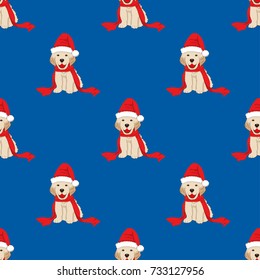 Labrador Retriever with Santa Hat Seamless on Blue Background. Vector Illustration.