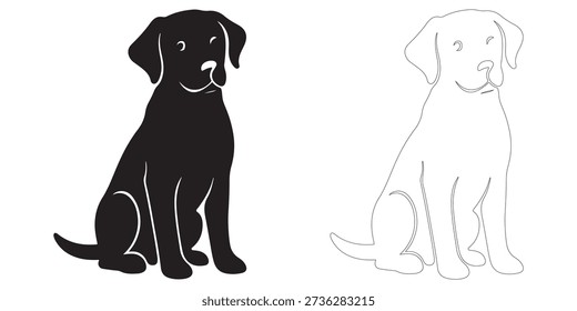 Labrador Retriever silhouette mega set featuring sitting, standing, sleeping, walking, and heart-themed poses; black solid and line art vector bundle.