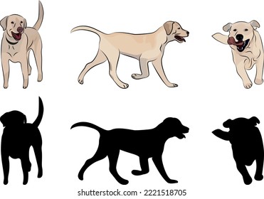 Labrador Retriever silhouettes. Running 
Lab. Cute walking dogs characters in various poses, design for print, cute cartoon vector set, in different poses. One color design. Big large dog. Man friend.