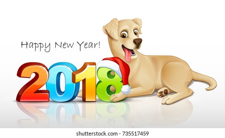 Labrador retriever. Year of the 2018 yellow dog. Illustration, vector, isolatad. 3D. Postcard.