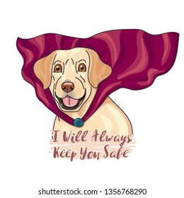 Labrador, A Super Dog Wear Heroic Red Cape, Cartoon Hero With Slogan. Vector Illustration.