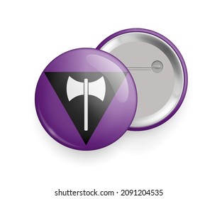 Labrys lesbian pride flag round glossy 3d badge. Lgbtq lesbian feminist movement, official symbol of the community. Front and back side of pin button realistic vector illustration