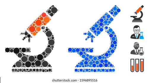 Labs microscope composition of filled circles in variable sizes and shades, based on labs microscope icon. Vector random circles are united into blue composition.