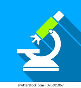Labs Microscope long shadow vector icon. Style is a flat light symbol with rounded angles on a blue square background.