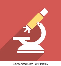 Labs Microscope long shadow vector icon. Style is a flat light symbol with rounded angles on a red square background.
