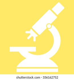 Labs Microscope vector icon. Style is flat symbol, white color, rounded angles, yellow background.