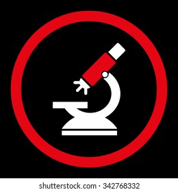 Labs Microscope vector icon. Style is bicolor flat rounded symbol, red and white colors, rounded angles, black background.
