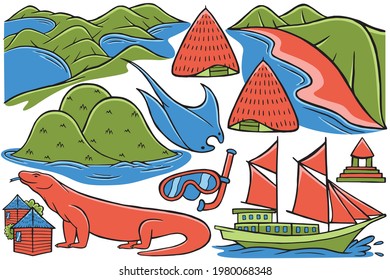 Labuan Bajo Doodle Vector in Flat Design Style