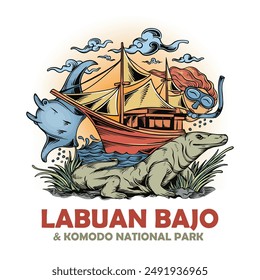 Labuan Bajo and Komodo National Part Vector Illustration