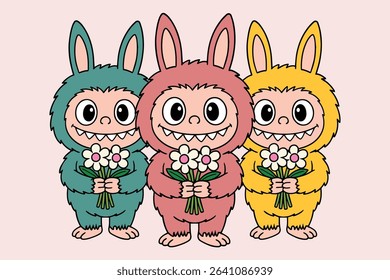 Labubu Trio: Cute Character Illustration with flowers lovable monster viral mystery plush toy with teeth and smile