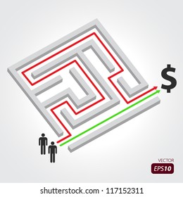 Labyrinth with arrow, people and dollar symbol