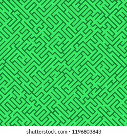 Labyrinth background. Geometric irregular backdrop. Abstract green seamless line maze pattern.