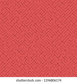 Labyrinth background. Geometric irregular backdrop. Abstract red seamless line maze pattern.