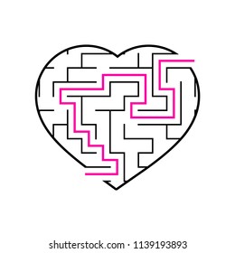 Labyrinth with a black stroke. Lovely heart. A game for children. Simple flat vector illustration isolated on white background. With the answer