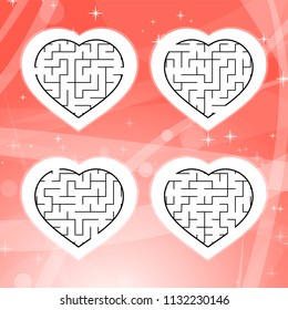 Labyrinth with a black stroke. Set of four hearts. A game for children. A simple flat vector illustration isolated on a pink background