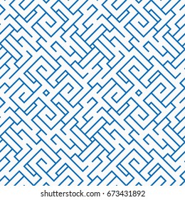 Labyrinth. Blue geometrical seamless pattern. Maze seamless pattern.