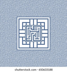 Labyrinth. Blue maze emblem. Abstract maze element. 