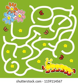 Labyrinth, board game for children, caterpillar and flowers, vector icon