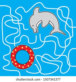 Labyrinth, board game for children, vector icon. Search right way to the ring. Dolphin find path to the life buoy. Cute picture on blue background.