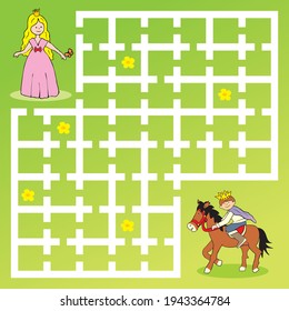 Labyrinth, board game, prince on horseback and princess, vector illustration